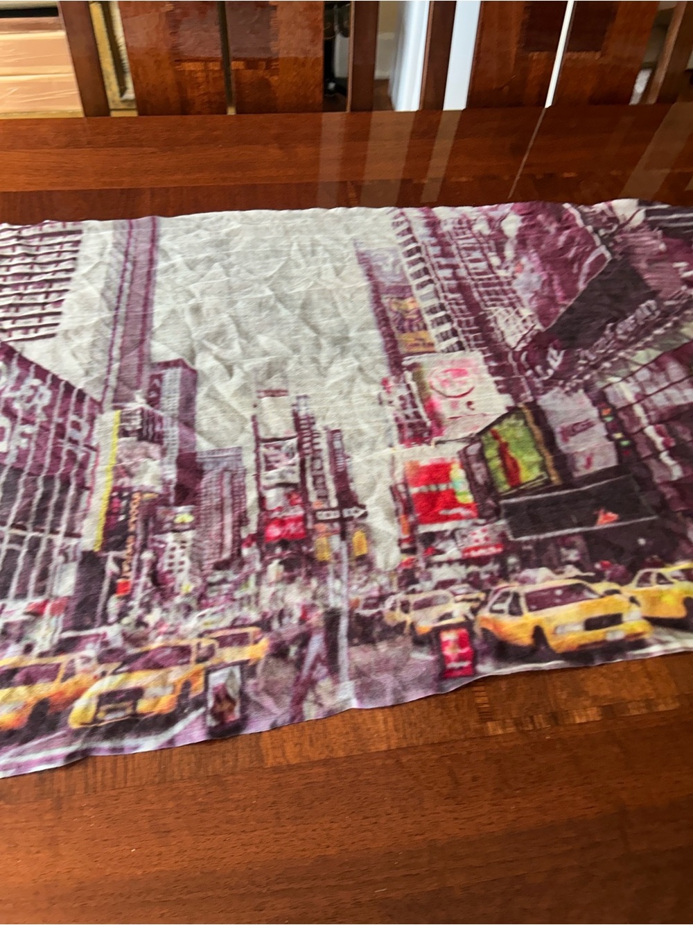 VismaYa Purple, Yellow and Cream City Taxi Print Scarf 24” x 72” colorful